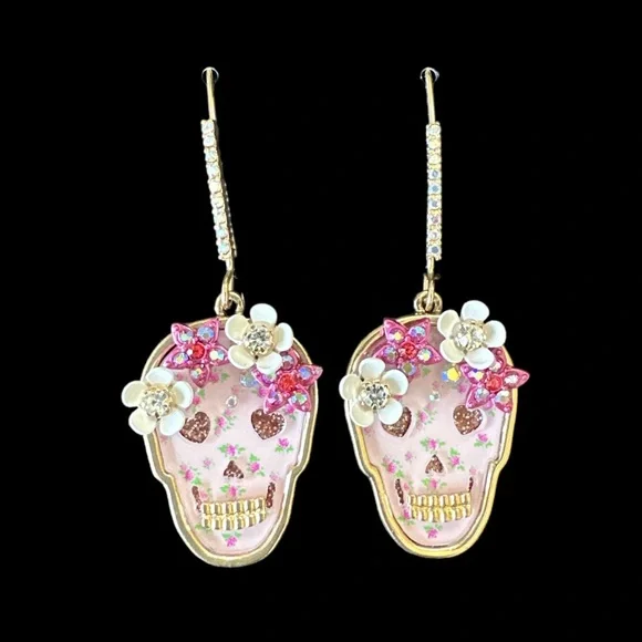 Betsy Johnson Opulent Pink SugarSkull & Flower Drop Earrings Halloween Party - Picture 3 of 5